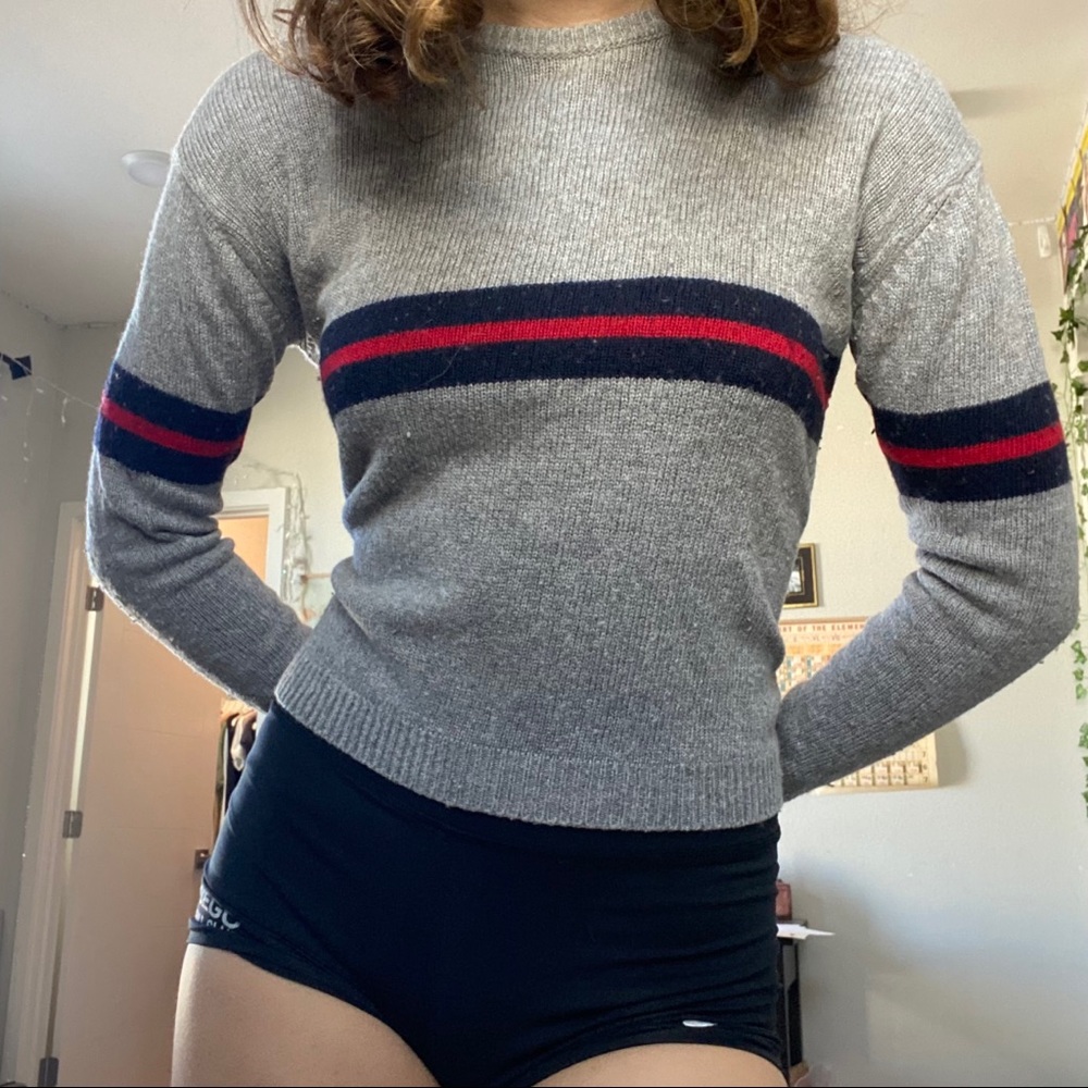 gray sweater with a red/black stripe from brandy!!
